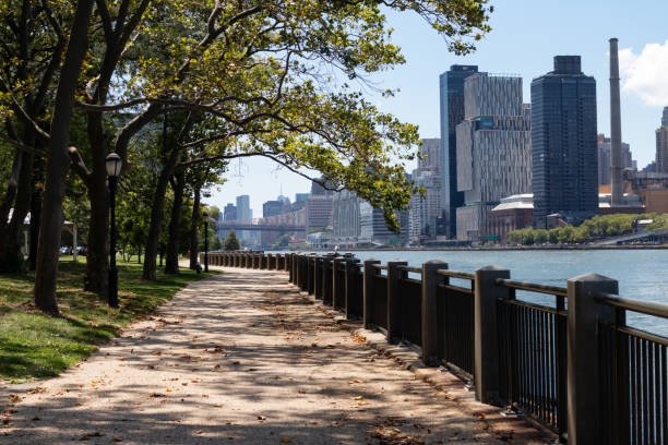 istock Empty Riverfront Path on Roosevelt Island in New York City during Summer with an Upper East Side Manhattan Skyline View 1274434151