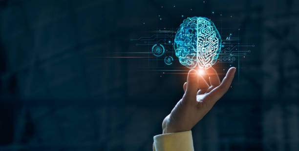 Hand touching brain of AI, Symbolic, Machine learning, artificial intelligence of futuristic technology. AI network of brain on business analysis, innovative and business growth development. Hand touching brain of AI, Symbolic, Machine learning, artificial intelligence of futuristic technology. AI network of brain on business analysis, innovative and business growth development. nervous system concept stock pictures, royalty-free photos & images