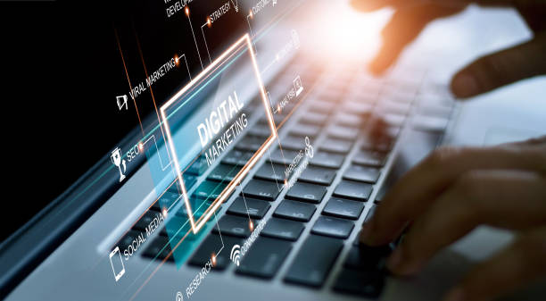 istock Digital marketing network connection concept. Businessman hand working on laptop computer with graphical user interface icons on strategy, solution analysis and development contents. 1274444022