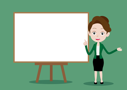 Businesswoman Is Presenting And Pointing To A White Board Cartoon Vector  Stock Illustration - Download Image Now - iStock