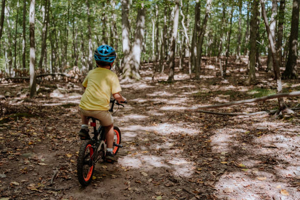 istock Boy riding a bike on the forest 1274490424