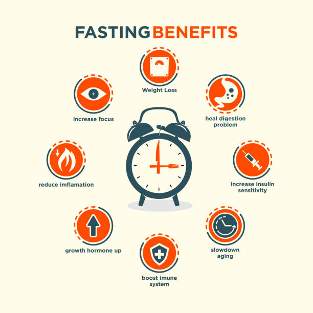 fasting health benefits infographic vector illustration editable vector illustrations set of a fasting health benefits list. metabolism illustrations stock illustrations