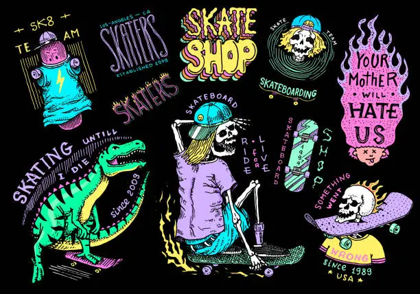 Vector illustration of Skateboard shop stickers set. Dinosaur and skeletons ride on the boards badges. Fiery head and skull. Vintage retro labels for t-shirts and typography. Hand Drawn engraved sketch