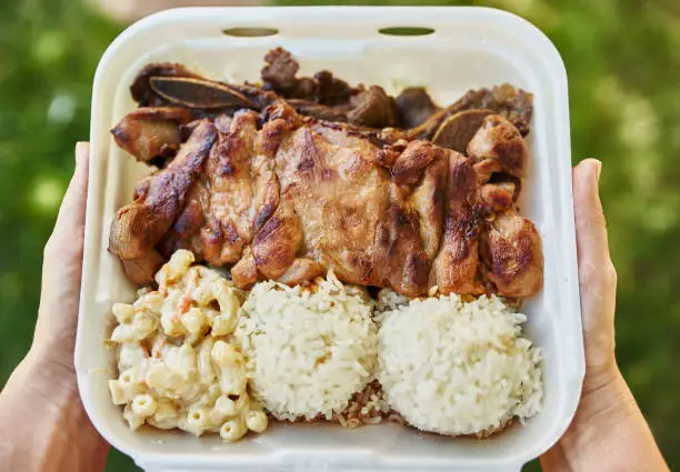 holding open take out container of Hawaiian bbq close up