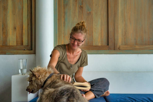 istock Pet terrier lap dog on sofa with female owner 1274561951