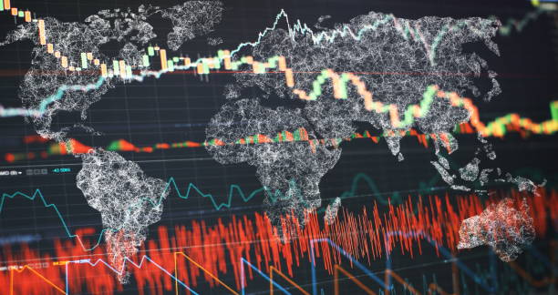 株式市場グラフチャート。外国為替取引市場のデジタル情報。抽象的な輝く外国為替チャートのインタフェースの壁紙。投資、貿易、株式、財務、分析の概念。 - oscillator ストックフォトと画像