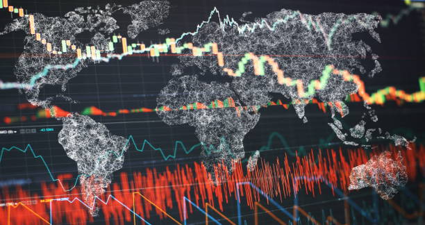 주식 시장 그래프 차트. 외환 거래 시장의 디지털 정보. 추상 빛나는 외환 차트 인터페이스 벽지. 투자, 무역, 주식, 금융 및 분석 개념. - oscillator 뉴스 사진 이미지