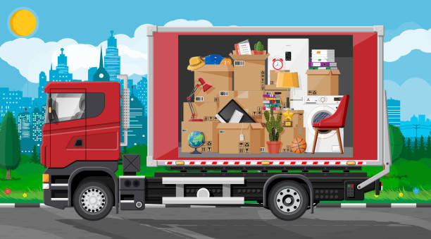 lieferwagen voll von home-sachen innen. - truck moving van moving house box stock-grafiken, -clipart, -cartoons und -symbole