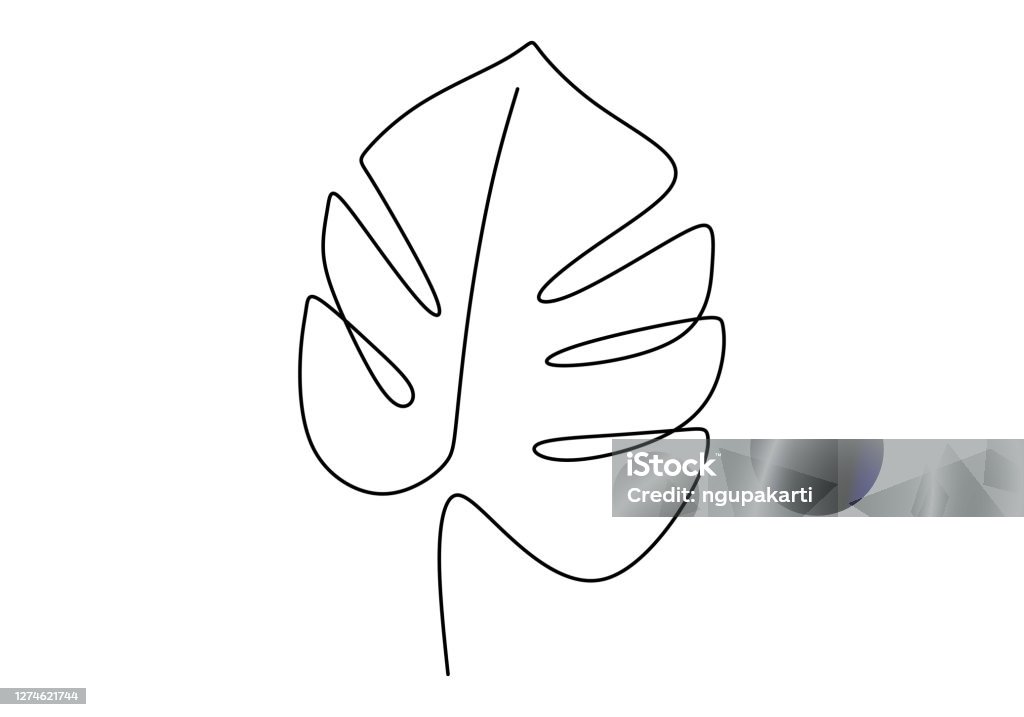 Abstract One Line Drawing Of A Tropical Leaf Minimal Art Plant Isolated On  A White Background