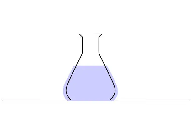 Vector illustration of Single continuous line art chemical science flask isolated on white background. Scientific technology research with glass equipment design one sketch outline drawing vector illustration.