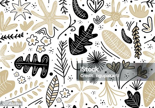 istock Seamless childish pattern with pink vintage flowers, leaf, branch and grass. Creative jungle childish texture. Template for design textile, backgrounds, packages, wrapping paper. Vector illustration 1274626954