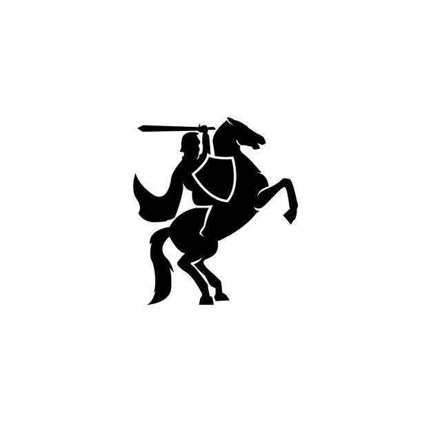 ein kriegsritter soldat tragen ein schwert in rüstung gekleidet geht in den krieg mit seinem pferd logo symbol design flache vektor vorlage illustration silhouette weißen hintergrund - weapon spear medieval lance stock-grafiken, -clipart, -cartoons und -symbole