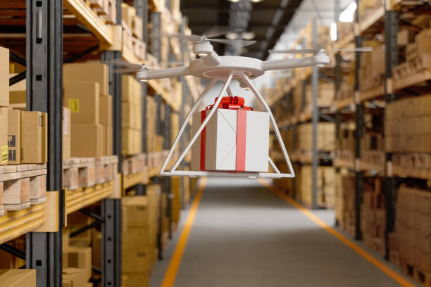 Drone Carrying The Gift Box In Warehouse