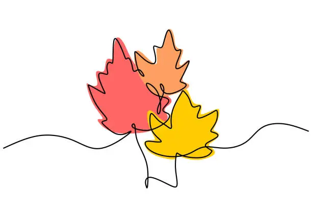 Vector illustration of Maple leaf line art. One continuous line drawing abstract tropic spring isolated vector object on white background. Botany natural eco concept. Autumn leaves hand drawn design minimalism style