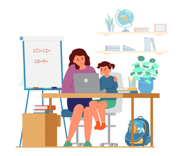 Mother Or Tutor Teaching Girl At Home Homeschooling Concept. Mother Or Tutor Teaching Girl At Home. Girl Sitting At Desk At Laptop. Flat Vector Illustration. parent guide stock illustrations