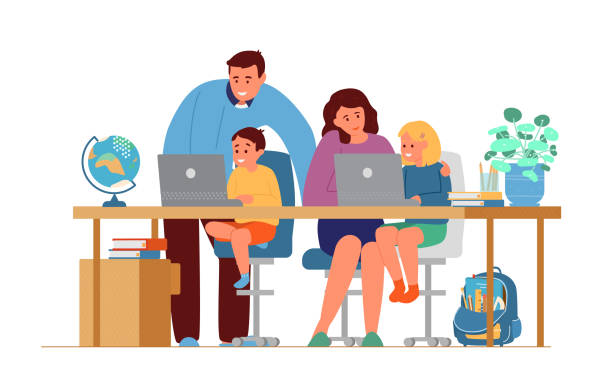 Parents Making Homework With Children Parents Making Homework With Children In Front Of Laptops. Online Education Or Homeschooling Concept. Flat Vector Illustration. Isolated on White. parent guide stock illustrations