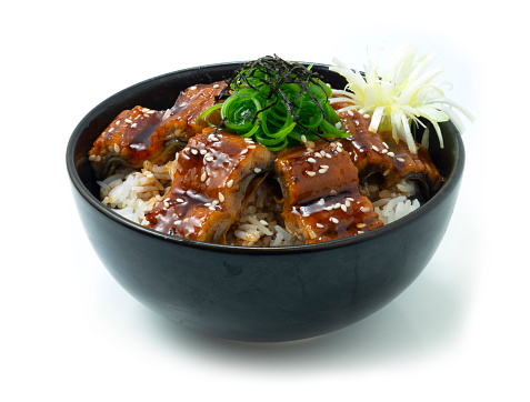 Unagi Don Grilled Eel Rice Bowl decorate Seaweed pickled ginger carved vegetable Japanese Food fusion Style sideview