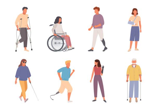 障害者が設定します。負傷した脚の女の子現代の車椅子の男性キャラクターと松葉杖の男は、眼鏡で脚の義足の盲目の女性を歩くスティックを歩きます。ヘルスケア漫画のベクトル。 - crutch点のイラスト素材／クリップアート素材／マンガ素材／アイコン素材