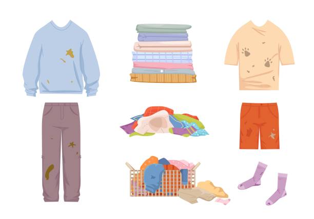 ilustrações de stock, clip art, desenhos animados e ícones de dirty clothes and mess set. grease stained blue sweater and pants pile of unwashed socks shorts tshirt with dog prints laundry basket filled with smelly clothes stack clean linen. vector cleaning. - pilha roupa velha
