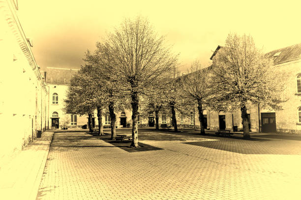 Patio of the Belgian house with park. The old pavement in St Hubert, Belgium. Vintage Style Toned Picture