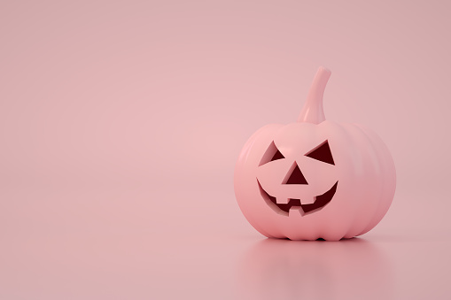 3d render, Halloween, Pumpkin, Jack O' Lantern, Smiley Face, Pink background.