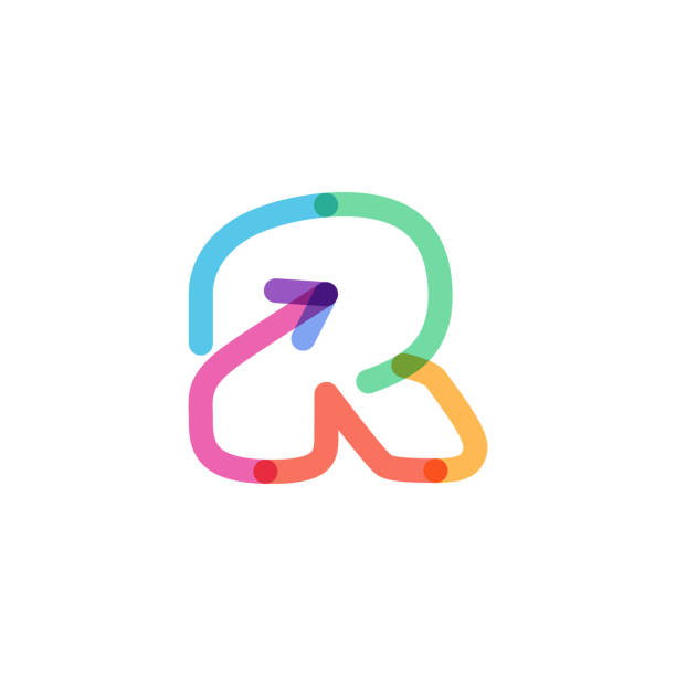 R letter line logo made of a rainbow arrow. This font is perfect for a multimedia company advertising, infographics art, colorful identity, etc. r arrow logo stock illustrations