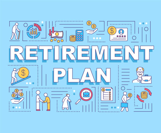 Retirement plan word concepts banner Retirement plan word concepts banner. Saving money for future, family budget management. Infographics with linear icons on blue background. Isolated typography. Vector outline RGB color illustration financial literacy logo stock illustrations