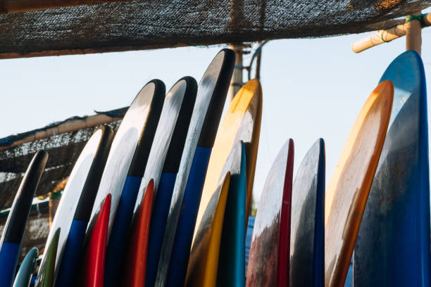 istock Set of different color surf boards in a stack by ocean.Bali.Indonesia. Surf boards on sandy beach for rent. Surf lessons on Weligama beach, Sri Lanka. 1274679628