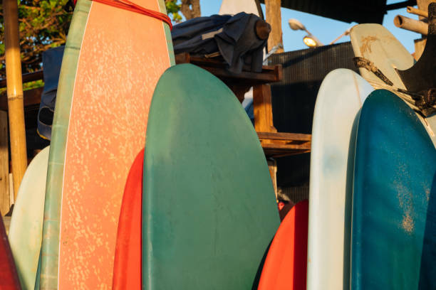 istock Set of different color surf boards in a stack by ocean.Bali.Indonesia. Surf boards on sandy beach for rent. Surf lessons on Weligama beach, Sri Lanka. 1274684786