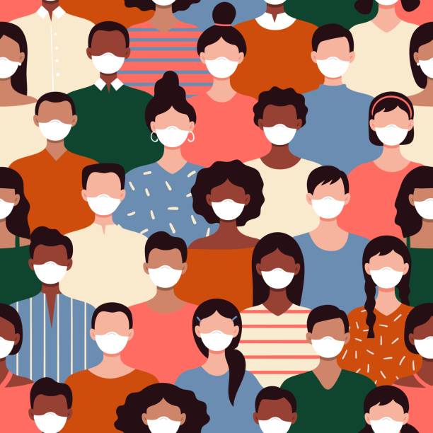 Seamless pattern with people in protective masks. Protest during the pandemic, protests, African Americans and white people against racism. Vector flat illustration. george floyd protests stock illustrations