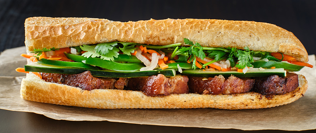 vietnamese bahn mi sandwich with pork belly close up