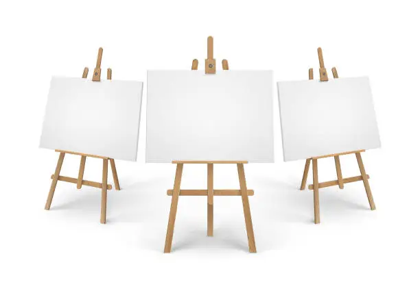 Vector illustration of Vector Set of Brown Sienna Wooden Easels with Mock Up Empty Blank Canvases Isolated on Background