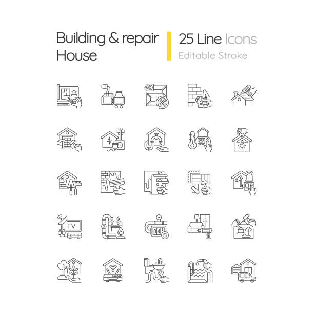 ilustraciones, imágenes clip art, dibujos animados e iconos de stock de conjunto de iconos lineales de edificios y reparaciones - window installing repairing construction