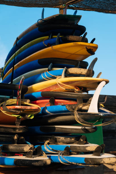 istock Many single fin surfing longboard with surf leash ready for rent. Set of multicolored surf boards in a stack by ocean. Surf lessons, water sport adventure camp and extreme swim on summer vacation. 1274701917