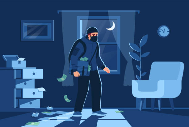 Night bulgar intrusion into apartment semi flat vector illustration Night bulgar intrusion into apartment semi flat vector illustration. Bandit figure on window background. Money and precious jewelry stealing 2D cartoon character for commercial use burglar stock illustrations