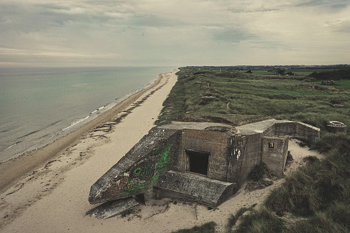 Pouppeville France September 2020 Abandoned german bunkers of II World War in Utah beach Normandy France. This one of the six beaches where the Normandy invasiona D Day was initiated