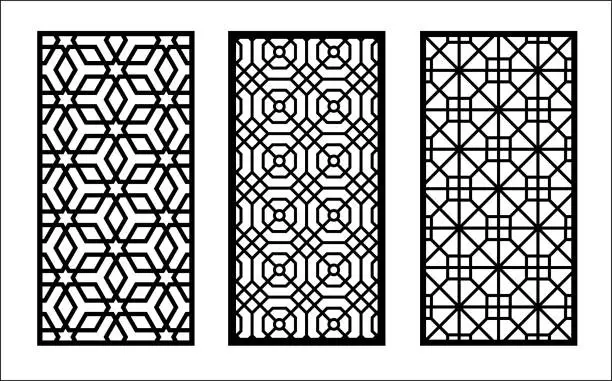 Vector illustration of Shade screen, privacy fence template. Laser cut vector panel, screen, fence, divider. Cnc decorative pattern, jali design, interior element. Islamic , arabic laser cutting