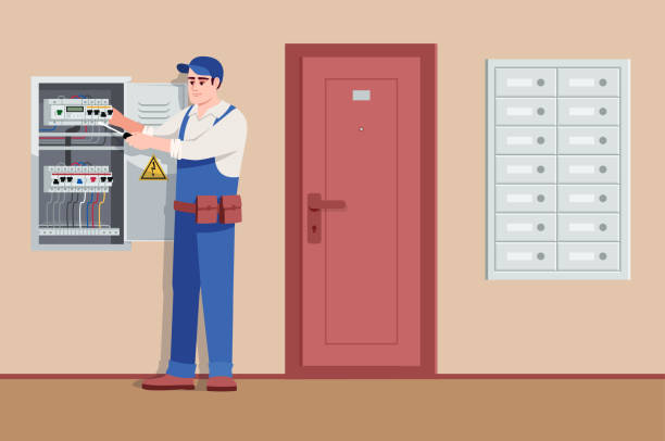 Basic electrical service semi flat vector illustration Basic electrical service semi flat vector illustration. Serviceman stands near power-supply panel. Serious guy in work uniform. Wiring repairman 2D cartoon character for commercial use electrician stock illustrations