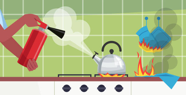 illustrations, cliparts, dessins animés et icônes de éteindre le feu dans l’illustration de vecteur semi-plat de table de cuisine - cooking fail