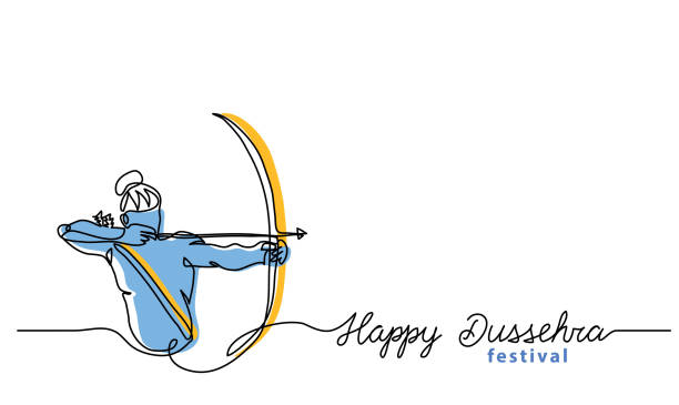 Simple Dussehra background with bow, arrow and lord Rama. One continuous line drawing with lettering happy Dussehra. Vector banner, background, sketch, illustration Simple Dussehra background with bow, arrow and lord Rama. One continuous line drawing with lettering happy Dussehra. Vector banner, background, sketch, illustration. dussehra stock illustrations