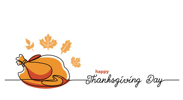 Turkey dinner Thanksgiving Day line art background. Simple vector web banner. One continuous line drawing with lettering and turkey sketch Turkey dinner Thanksgiving Day line art background. Simple vector web banner. One continuous line drawing with lettering and turkey sketch. turkey stock illustrations