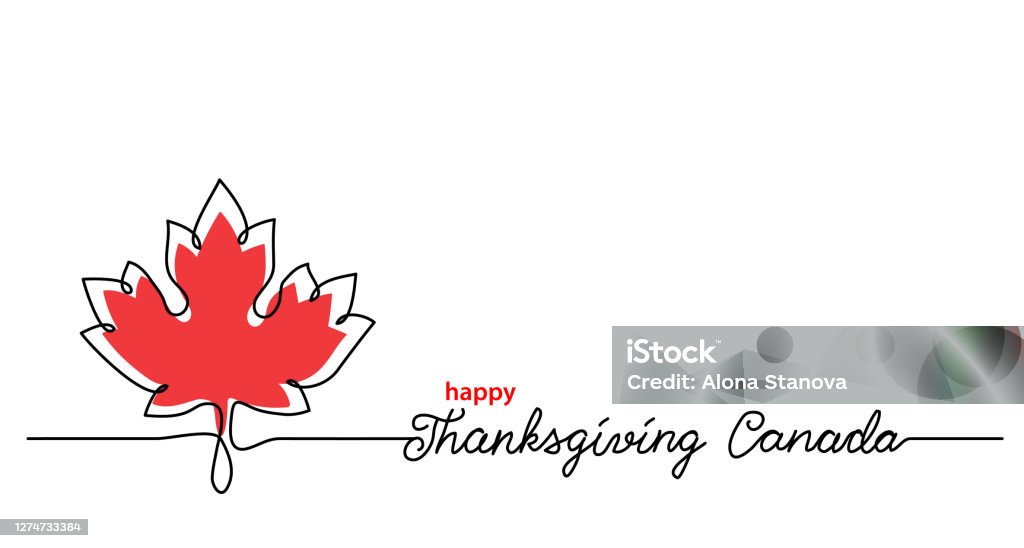 День благодарения Канады искусства фон с кленовым листом. Простой вектор веб-баннер. Один непрерывный рисунок линии с надписи счастливы бл� - Векторная графика Канада роялти-фри