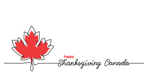 感恩節加拿大藝術背景與楓葉。簡單的向量網路橫幅。一個連續的線條繪圖與字母快樂感恩節加拿大。 - canada 幅插畫檔、美工圖案、卡通及圖標