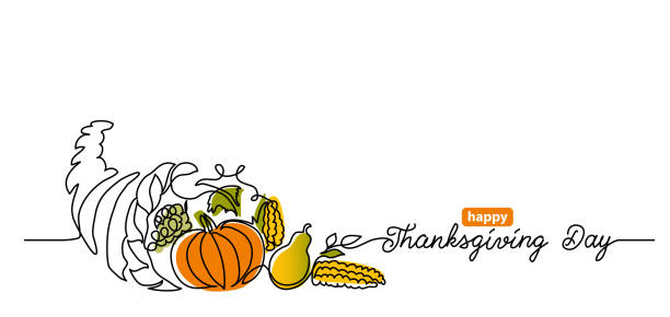 Thanksgiving Day line art background with horn of plenty, cornucopia and vegetables. Simple vector web banner. One continuous line drawing with lettering happy Thanksgiving Day Thanksgiving Day line art background with horn of plenty, cornucopia and vegetables. Simple vector web banner. One continuous line drawing with lettering happy Thanksgiving Day. cornucopia stock illustrations