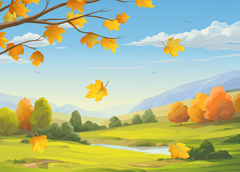 Vector illustration of a beautiful autumn landscape with colorful falling leaves in the foreground, bushes, hills, mountains, a stream, green meadows and a blue cloudy sky in the background.