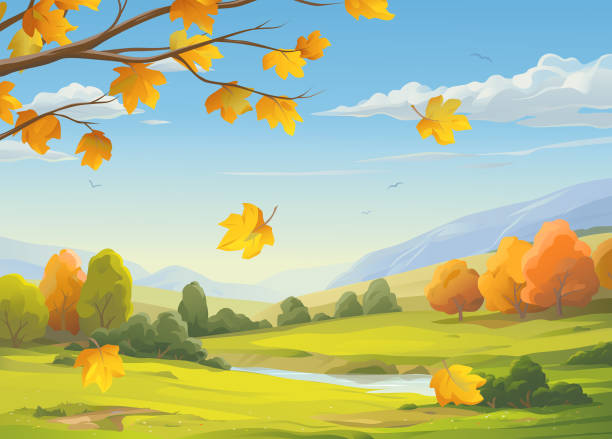 Falling Leaves In Autumn Landscape Vector illustration of a beautiful autumn landscape with colorful falling leaves in the foreground, bushes, hills, mountains, a stream, green meadows and a blue cloudy sky in the background. fall scenery stock illustrations