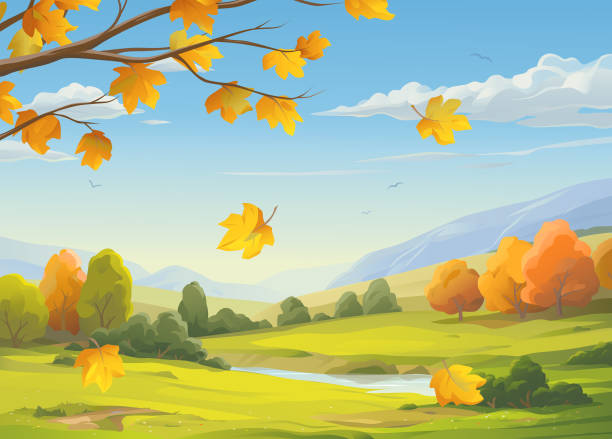 Falling Leaves In Autumn Landscape Vector illustration of a beautiful autumn landscape with colorful falling leaves in the foreground, bushes, hills, mountains, a stream, green meadows and a blue cloudy sky in the background. bird nature animal backgrounds stock illustrations