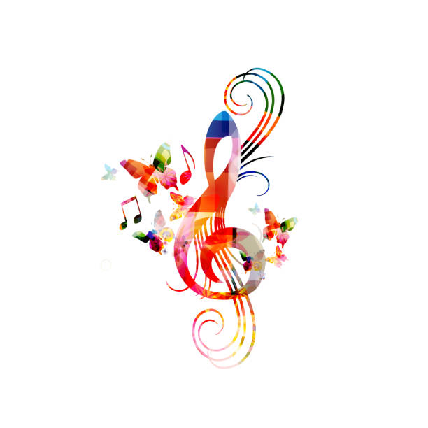 ilustrações de stock, clip art, desenhos animados e ícones de colorful music promotional poster with g-clef isolated vector illustration. artistic abstract background with treble clef for live concert events, music festivals and shows, party flyer template - choir elements