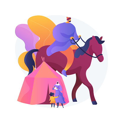 Nomadism abstract concept vector illustration. Without fixed habitation, digital nomad, hunters gatherers pastoral, non-sedentary people, movement, inside tents, riding a horse abstract metaphor.