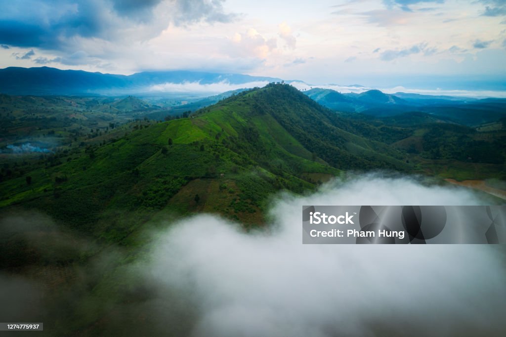 Cloud cover mountain peak Dak Ha, Kontum province Drone view cloud cover mountain peak Dak Ha, Kontum province, Vietnam Beauty In Nature Stock Photo